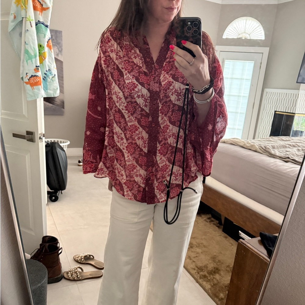 Zimmermann Red Floral Print Boho Button-Front Blouse eyes on summer